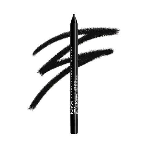 Black eyeliner pencil with smudges on a white background