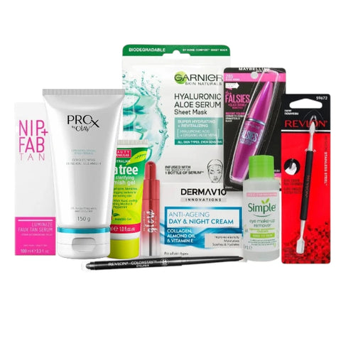 Collection of various skincare and beauty products on a white background
